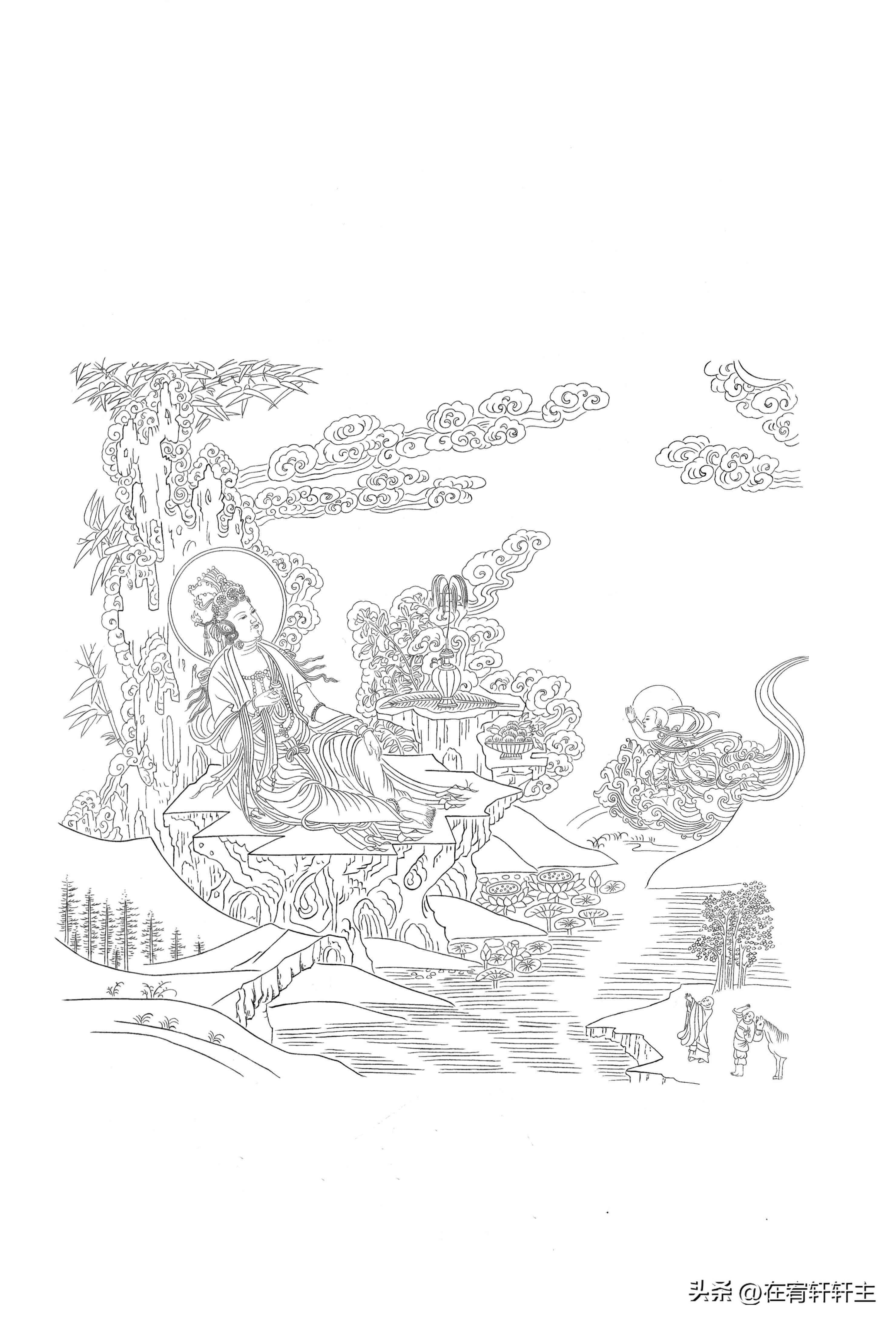 工笔白描观音苏柏斗,工笔画国画白描观音