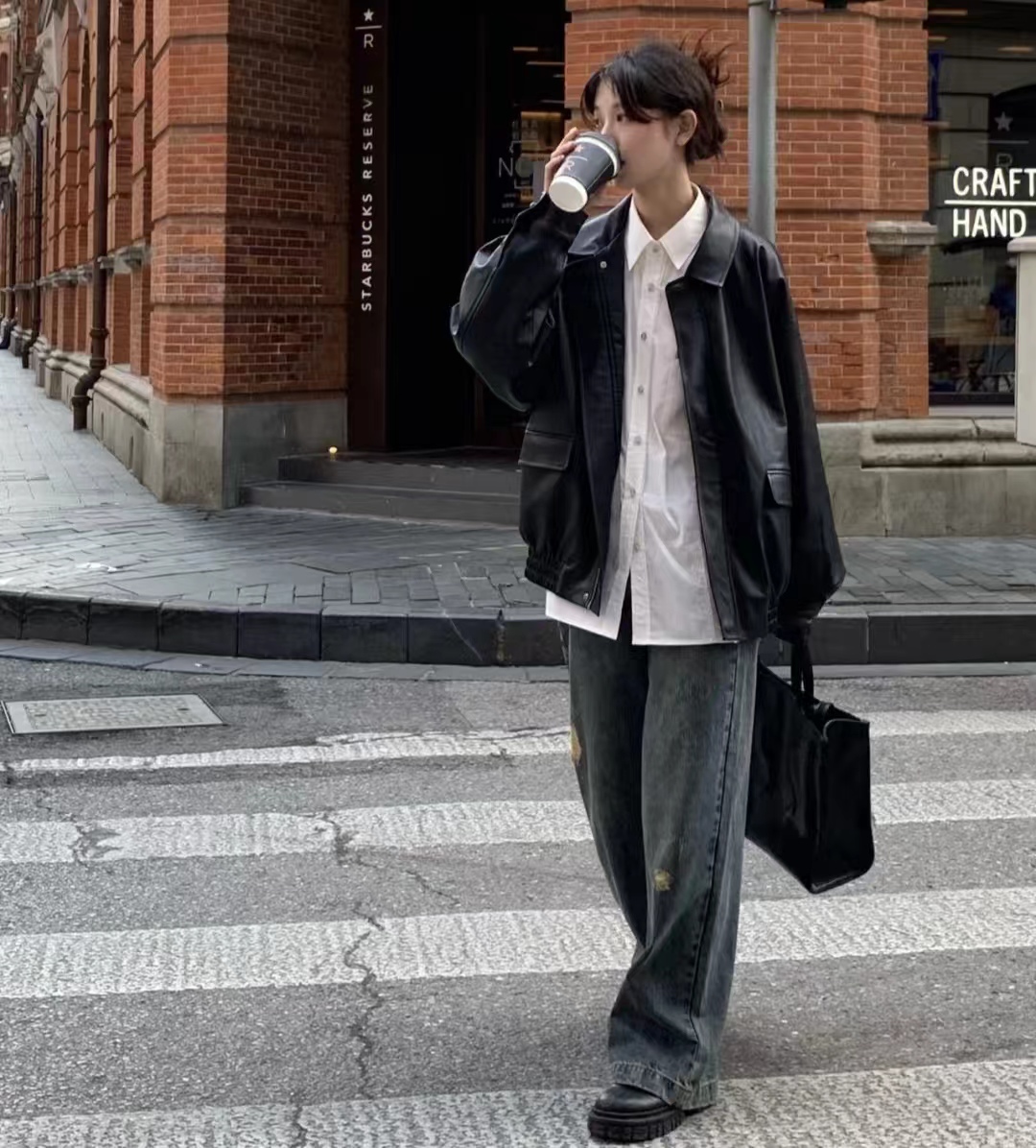 秋冬黑色宽松皮衣两件套,40-50岁洋气皮衣套装