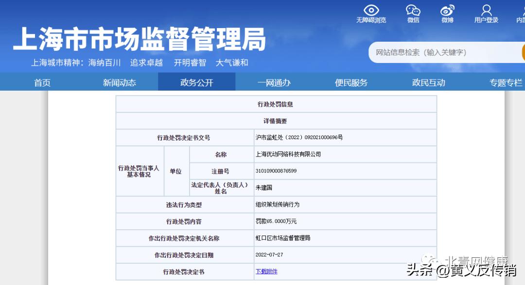 播货联盟运营方上海优动网络科技公司因涉嫌传销被罚65万元