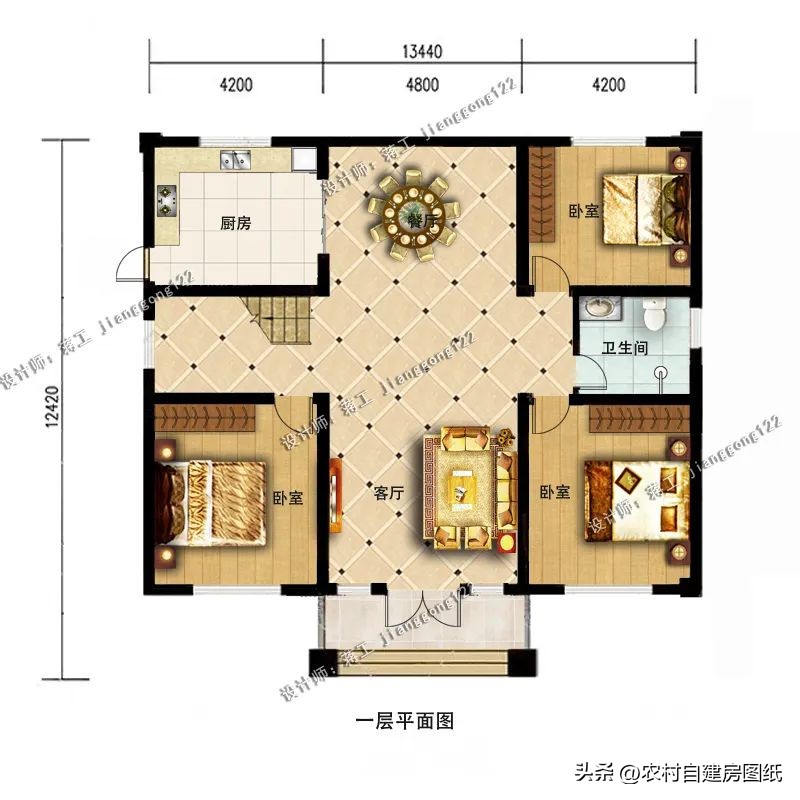 北方农村一层五间平屋顶,二层实用户型农村自建房别墅设计