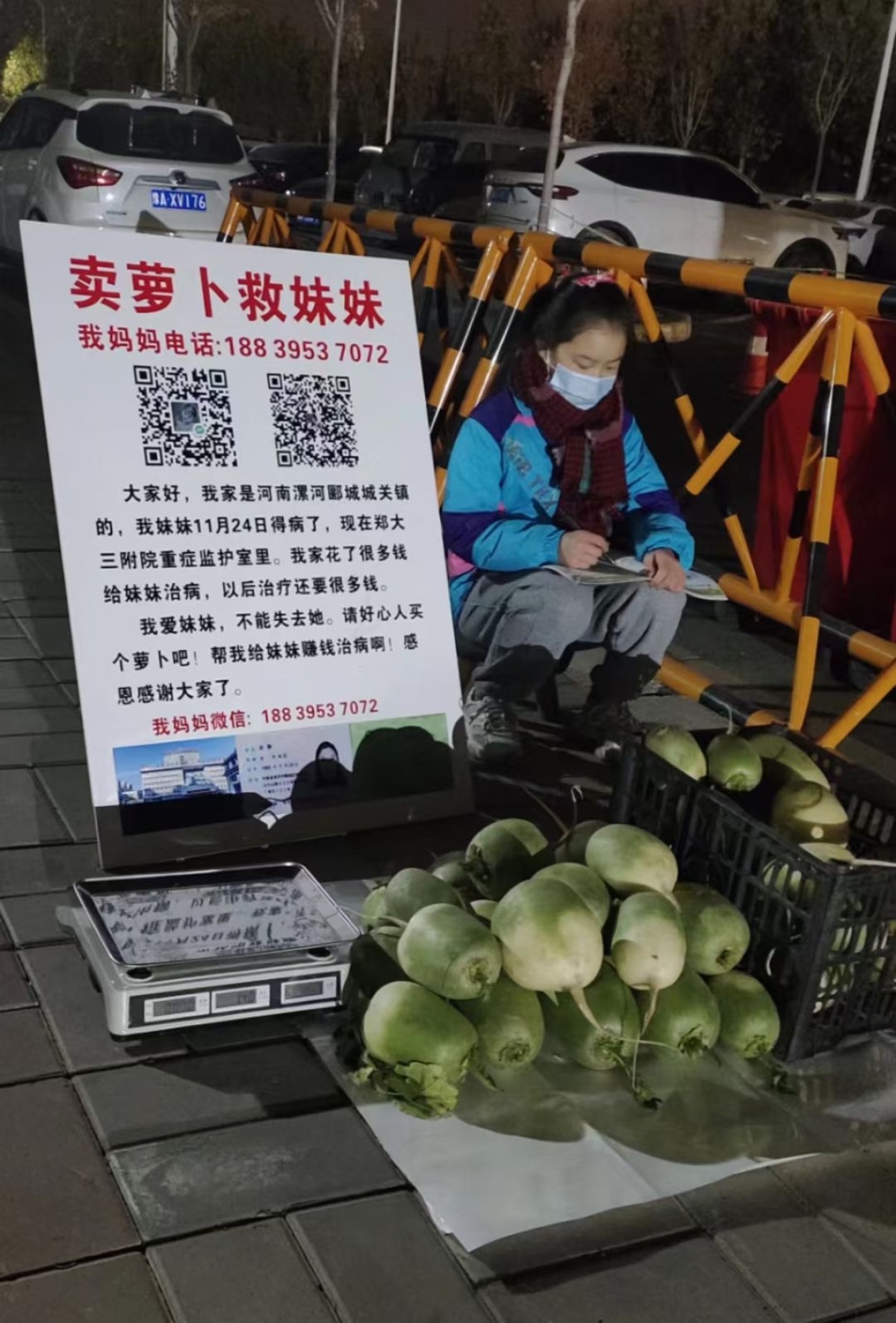 3岁妹妹患重症来郑州求医，河南12岁女孩街头摆摊“卖萝卜救妹妹”