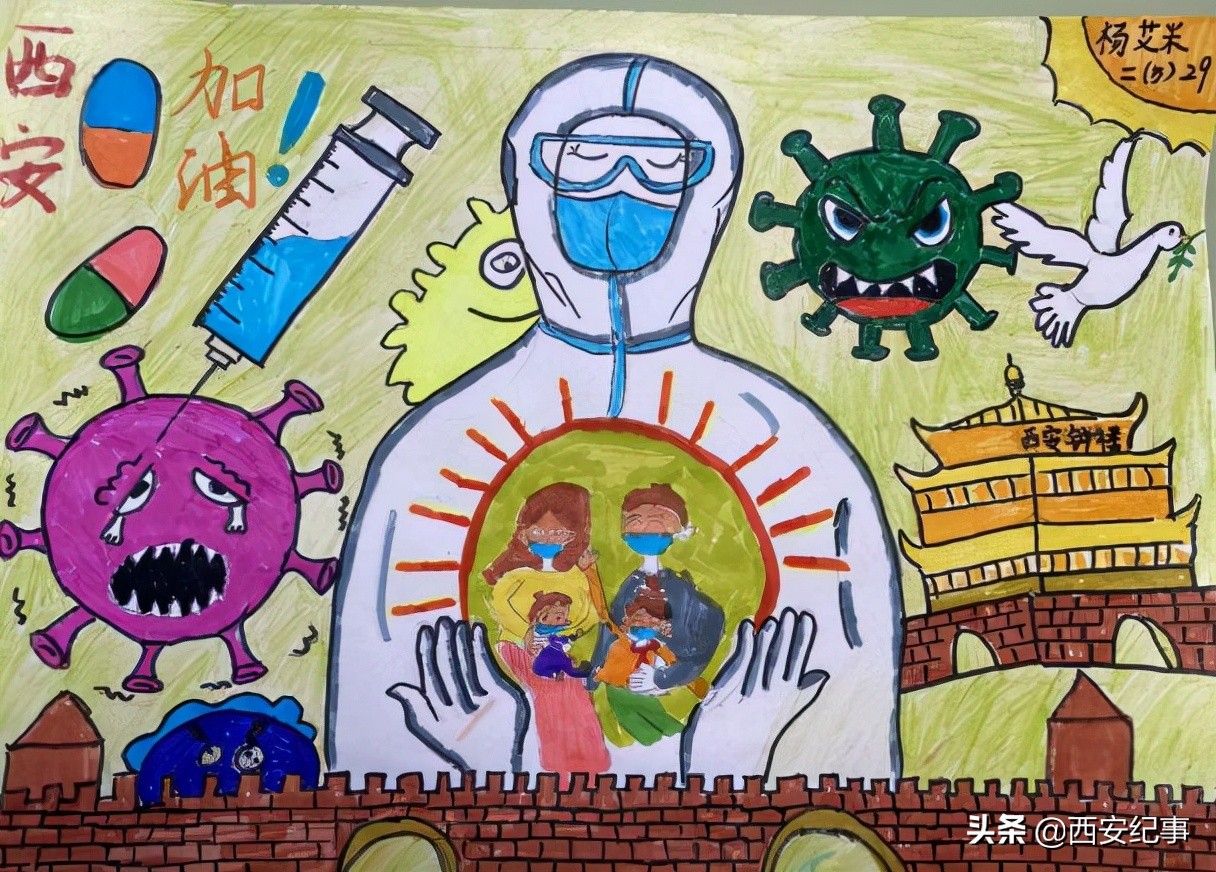 童心共绘抗击疫情的绘画作品,童心抗疫致敬先锋美术作品