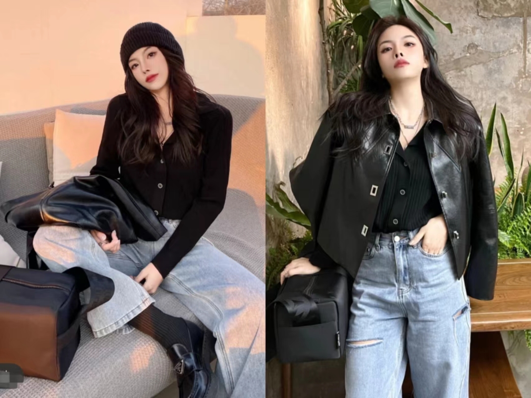 冬季黑色皮衣加棉高级感穿搭,黑色皮衣穿搭女秋冬