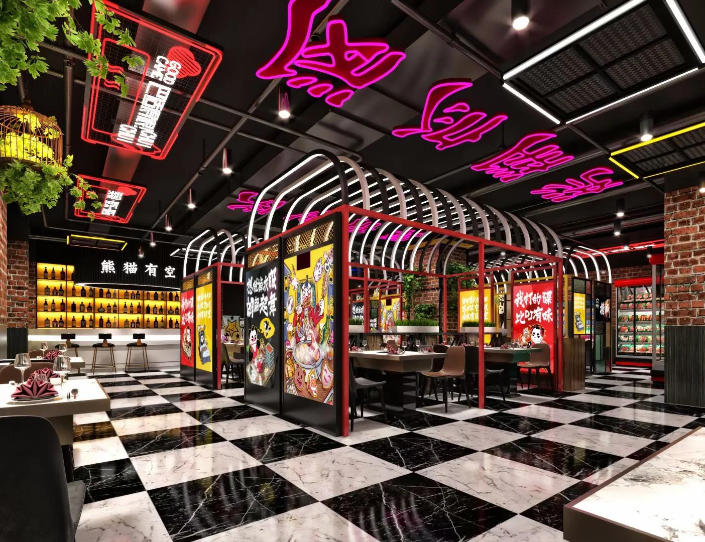 斜屋顶烧烤店设计效果图大全,露天花园火锅店设计效果图