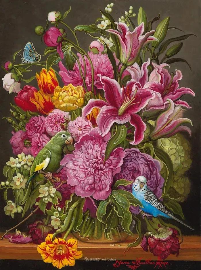 有关爱情的花鸟油画作品,北欧轻奢风格油画作品