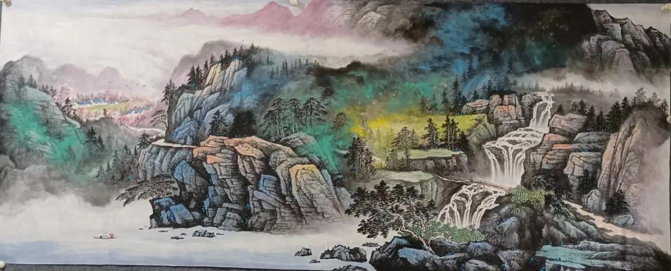 办公室山水画背景墙挂画流水生财,鸿运当头山水画背景墙办公室