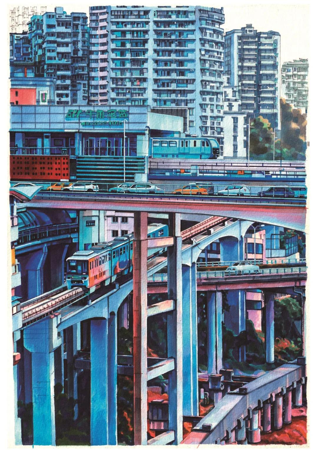 马克笔手绘风景重庆,东北一小伙手绘魔性地图