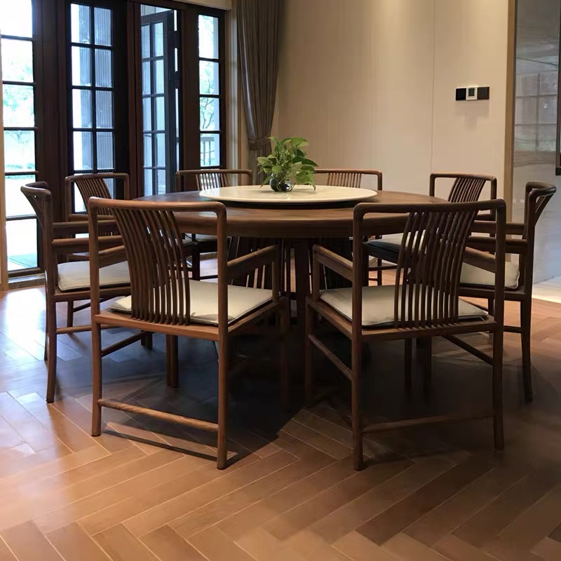 新中式实木餐桌带转盘圆形饭桌,新中式圆形餐桌