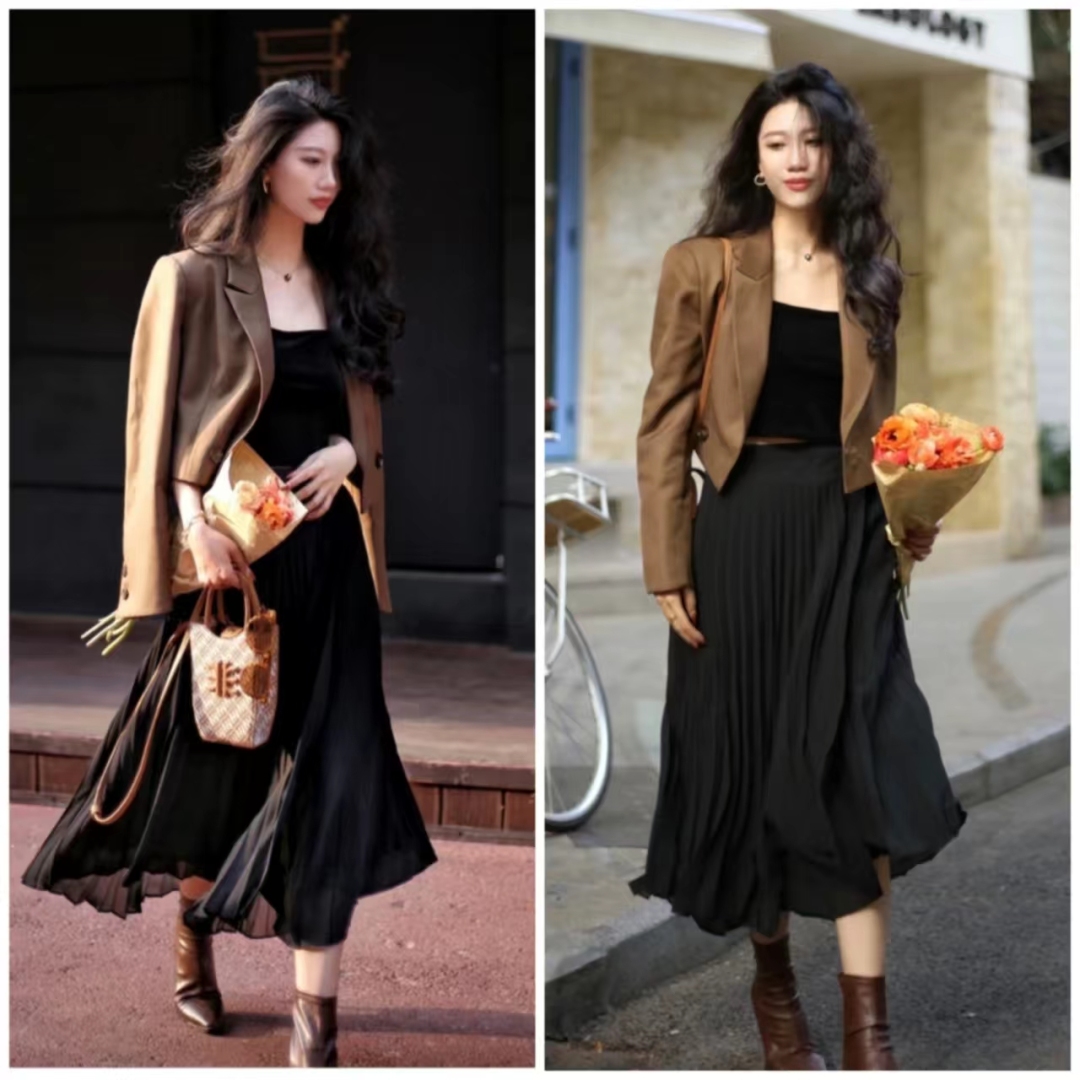 西装长裙搭配西装外套,西装外套配连衣裙气质高级感