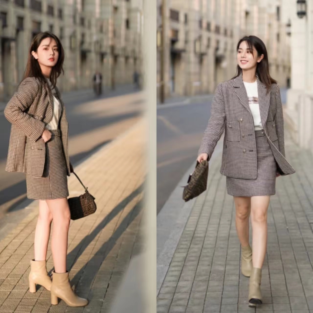 千鸟格半身裙秋冬款a字版30岁,黑白千鸟格半身裙配原绒色毛衫