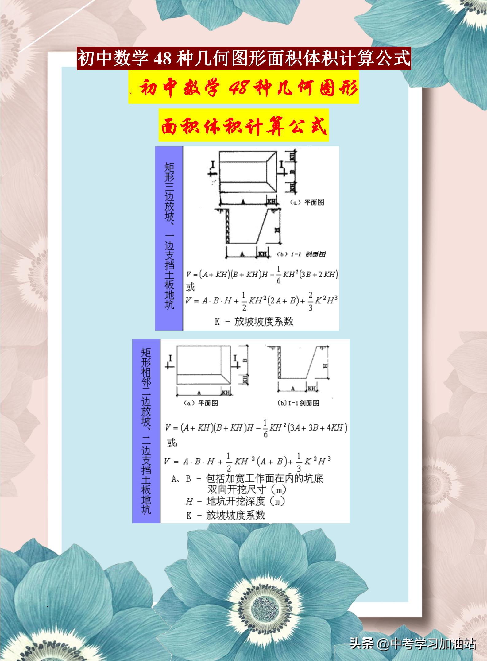 初中几何面积体积公式大全,初中数学各种图形的面积公式