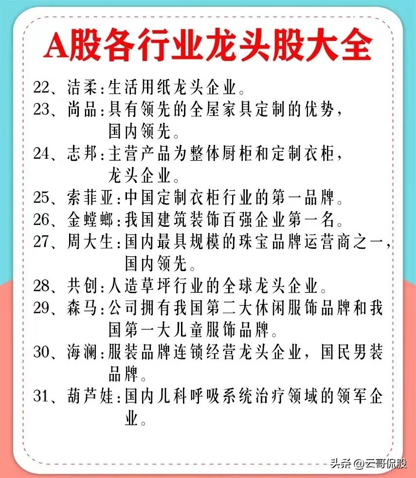 a股行业排名第一龙头股,A股各行业龙头股大全