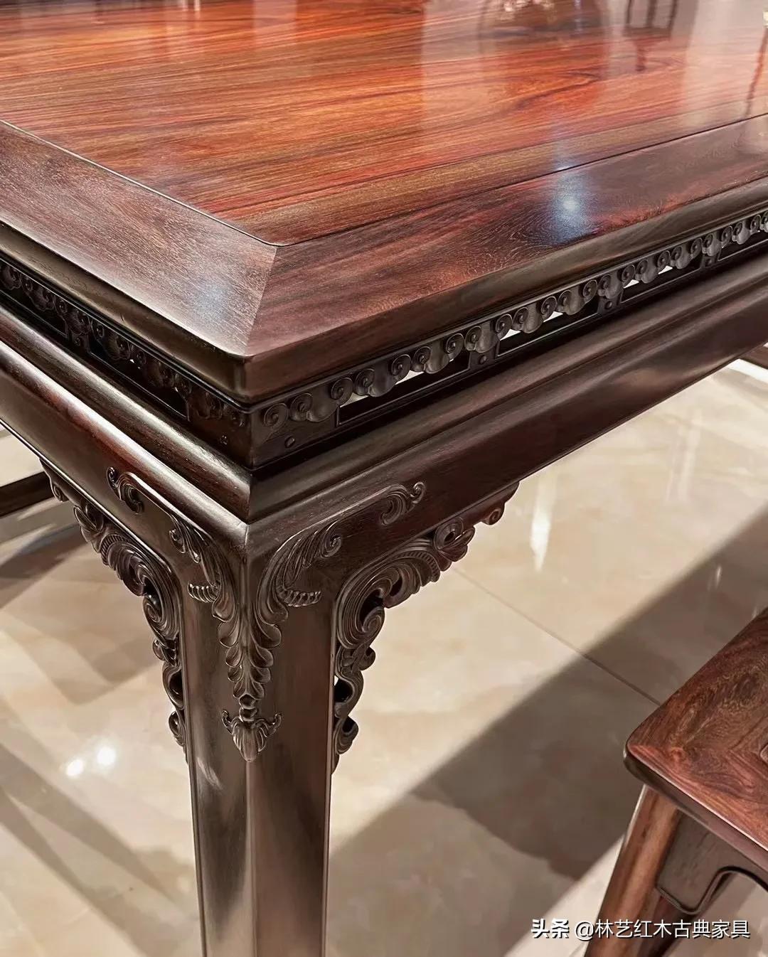 苏式大红酸枝明式餐桌,大红酸枝方餐桌七件套