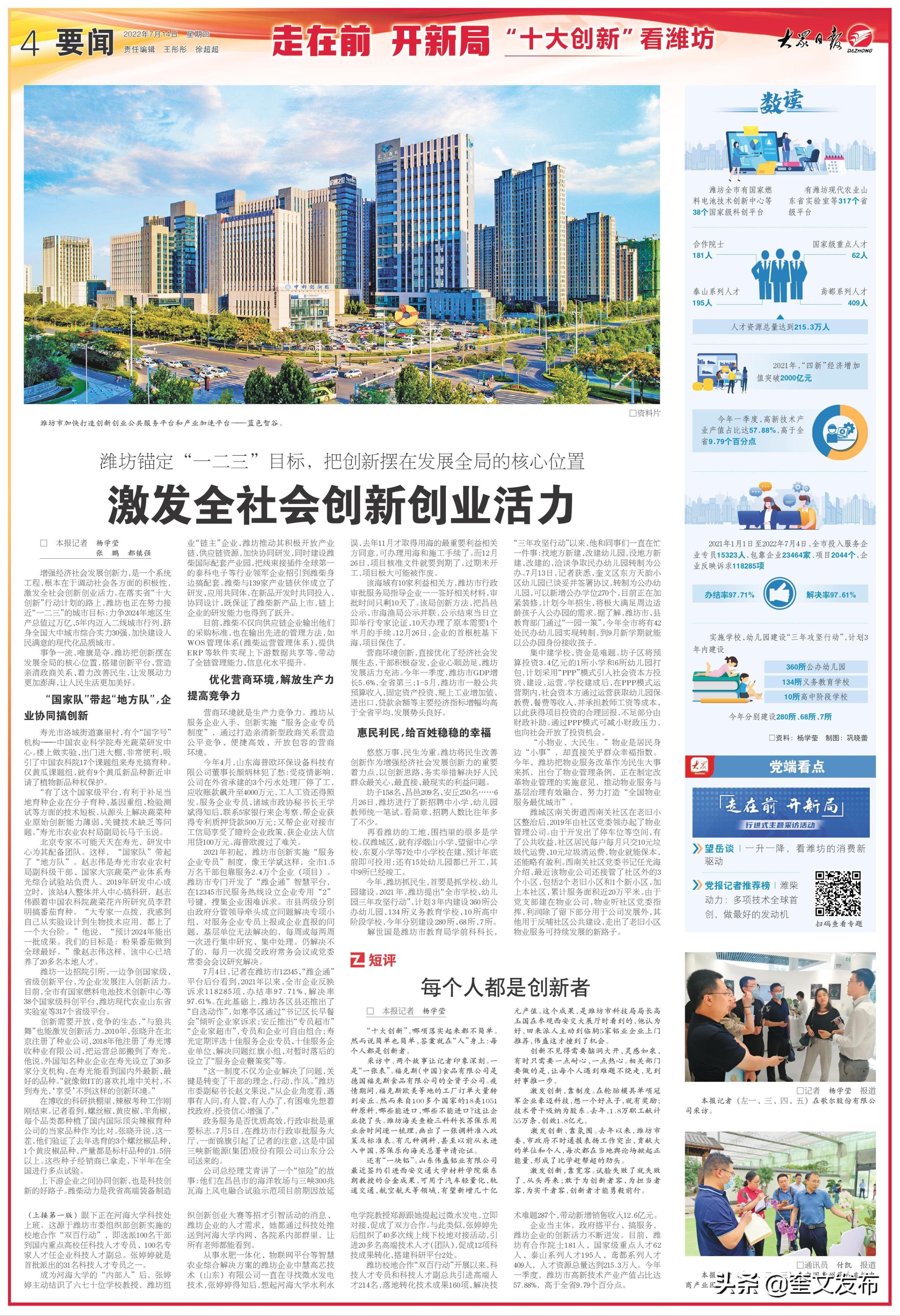 走在前开新局｜“三个十大”见行动⑩：“十大创新”看潍坊