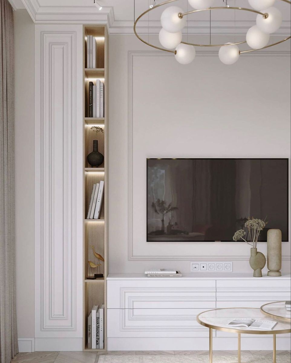 与其做满墙电视柜，不如留40㎝做书架，一柜两用，教科书级模板