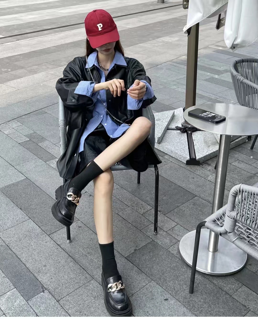 秋冬黑色宽松皮衣两件套,40-50岁洋气皮衣套装