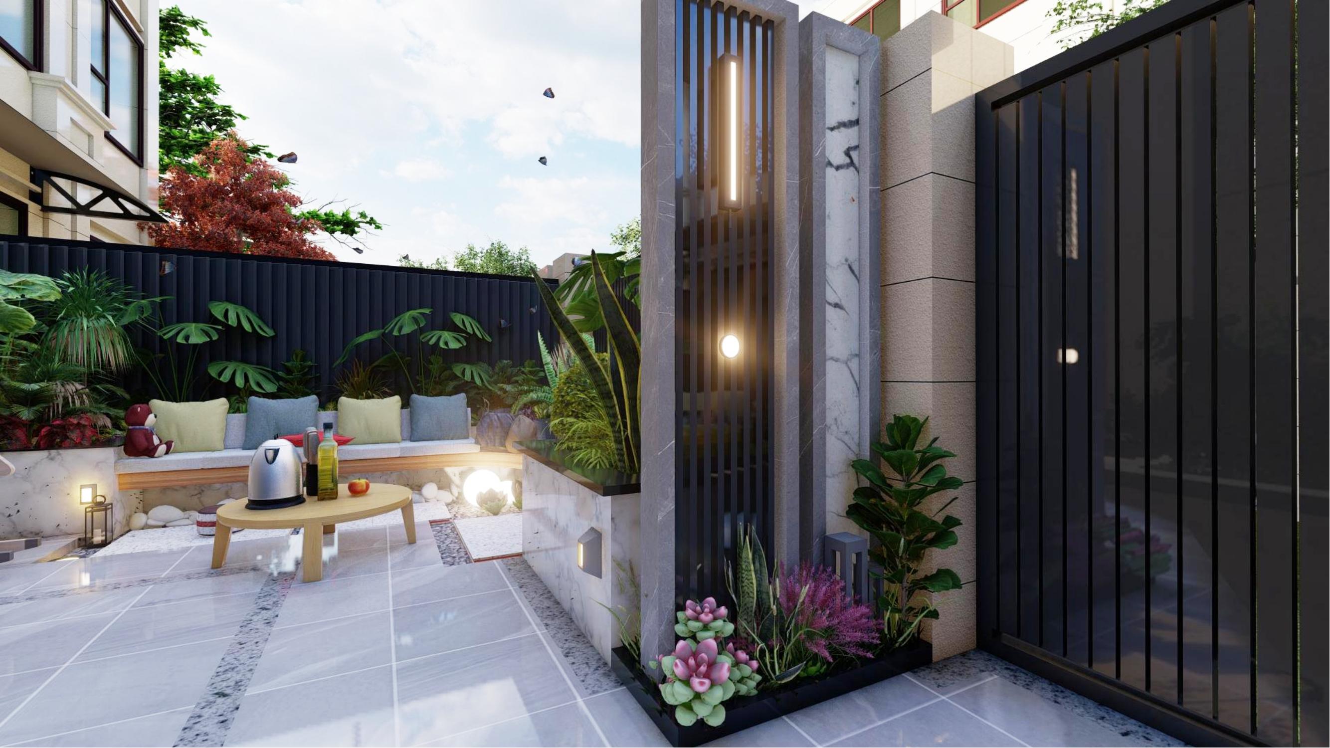 一层简易超现代带车库的小院设计,有车位小庭院别墅设计