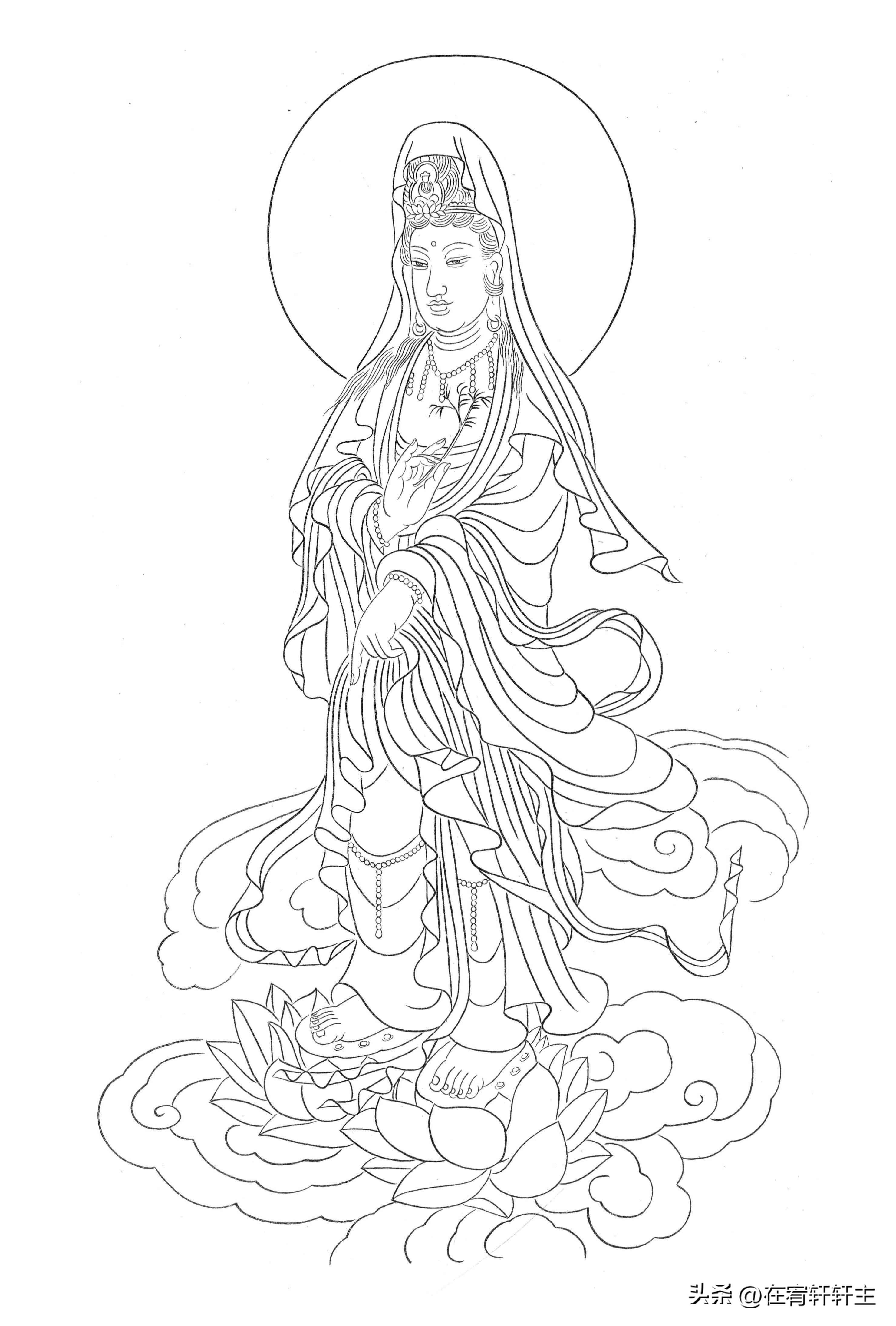工笔白描观音苏柏斗,工笔画国画白描观音
