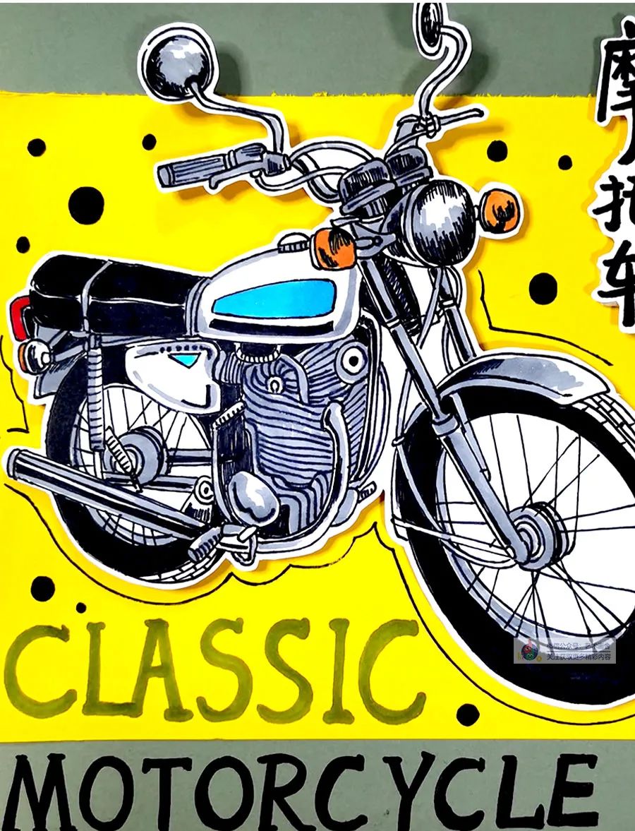 儿童画摩托车简单画法,摩托车线描画
