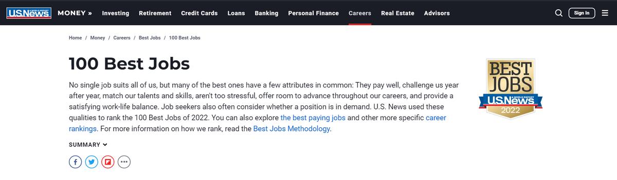 U.S.News发布2022年最佳职业排名TOP100榜单