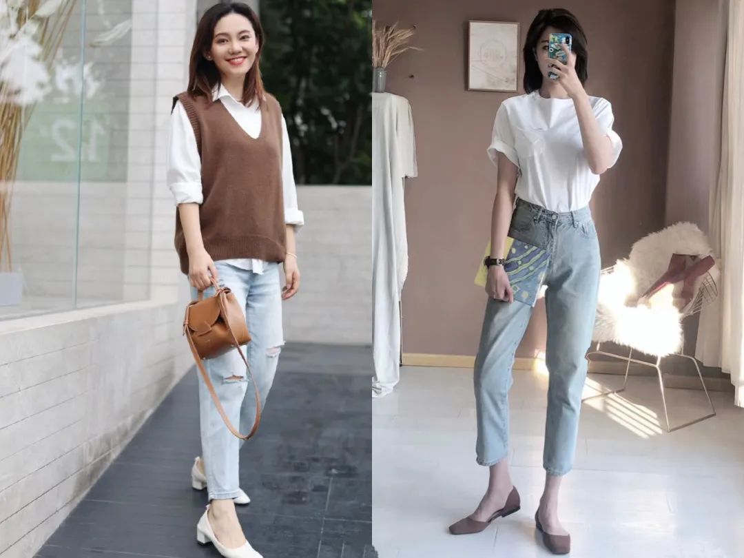 小白鞋搭配的显高牛仔裤,牛仔裤气质百搭小白鞋
