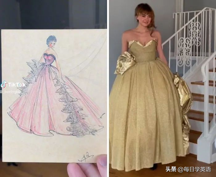 奶奶看到孙女设计的婚服,孙女用奶奶的设计草图制作成衣