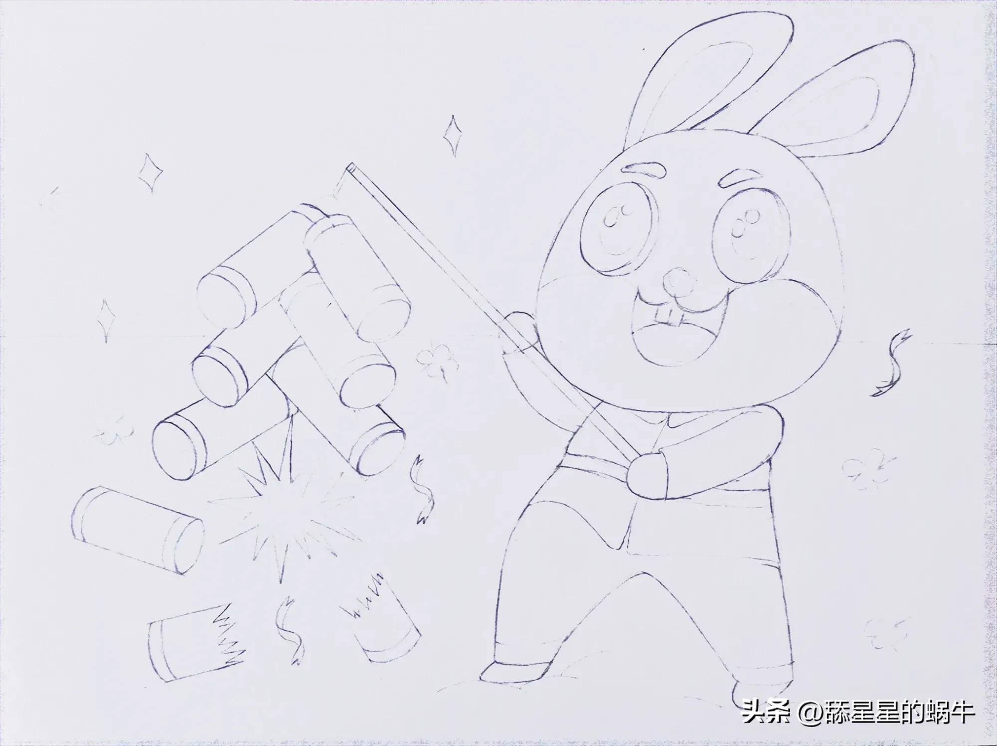 黑白线描画兔年大吉图文版,兔年主题画线稿怎么画