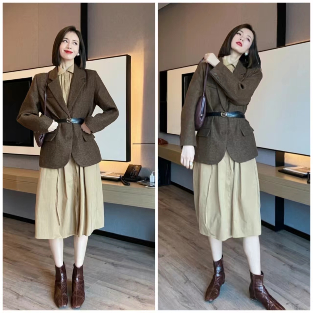 西装长裙搭配西装外套,西装外套配连衣裙气质高级感