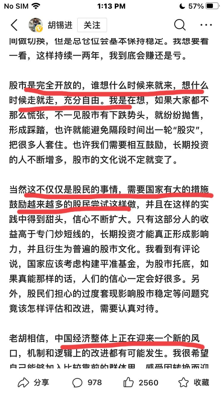 胡锡进：众目睽睽下炒股很有压力,胡锡进：股市早晚肯定会起来的