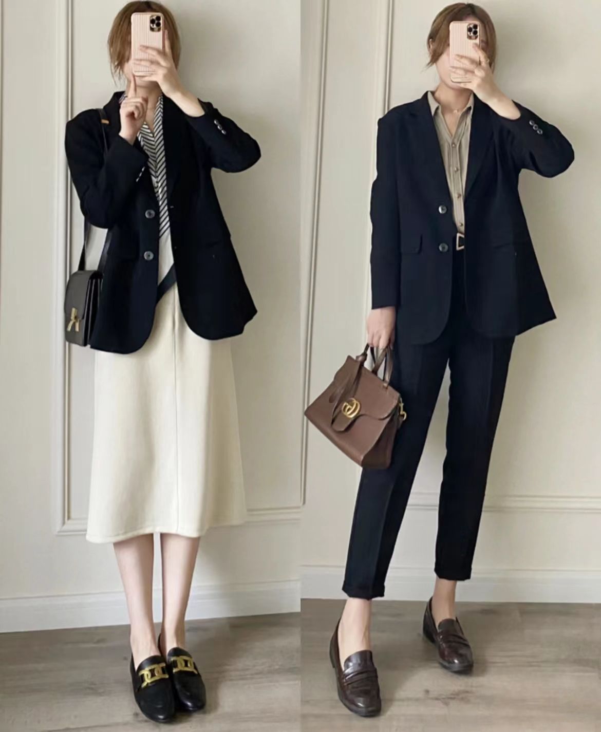 职场浅咖色小西装外套怎么搭鞋子,杏色中长款小西装如何穿搭