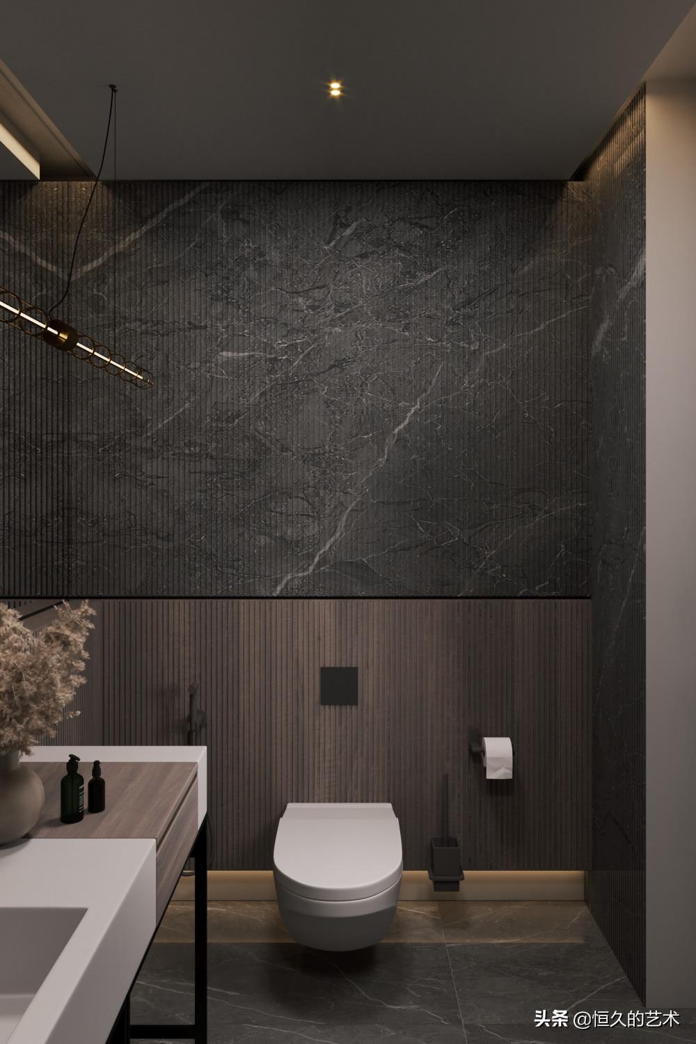 客厅石材木饰面效果,石材和实木搭配装修效果图