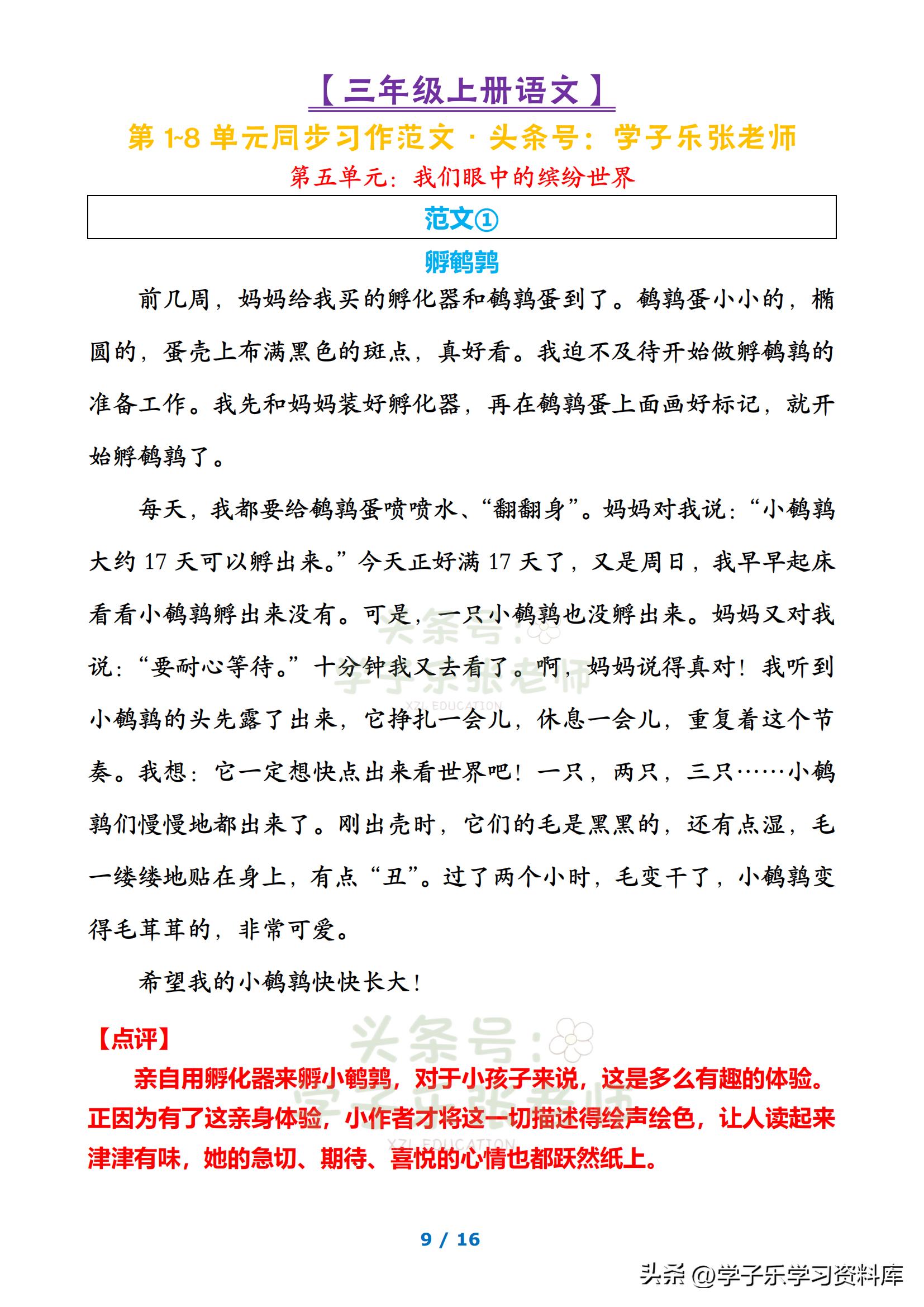 三年级语文上册同步习作,小学三年级上册单元同步作文范文