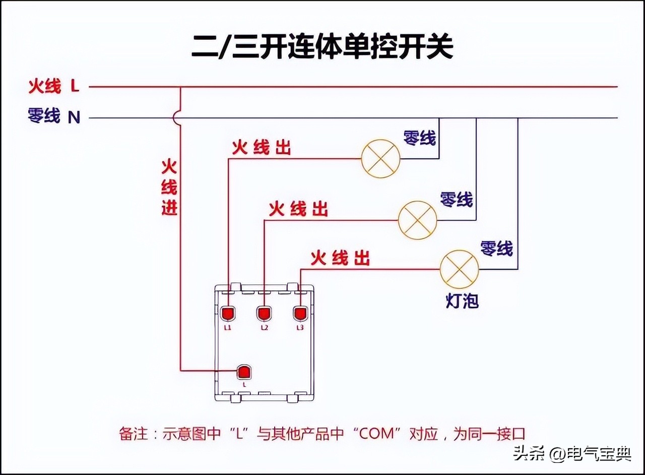 电工接线方法单开双控三控,家装三控开关线路图