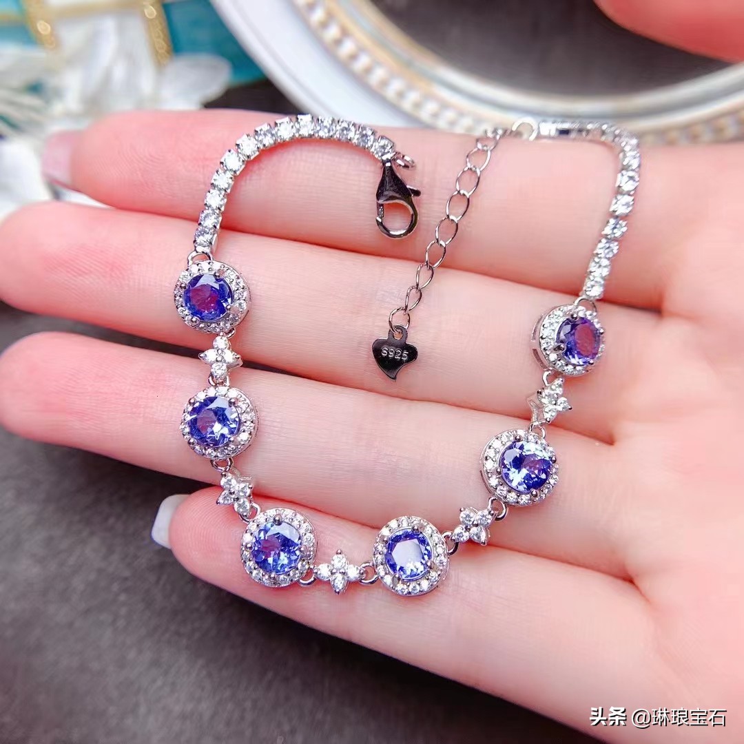 1克拉莫桑石手链s925,s925银天然坦桑石水滴手链