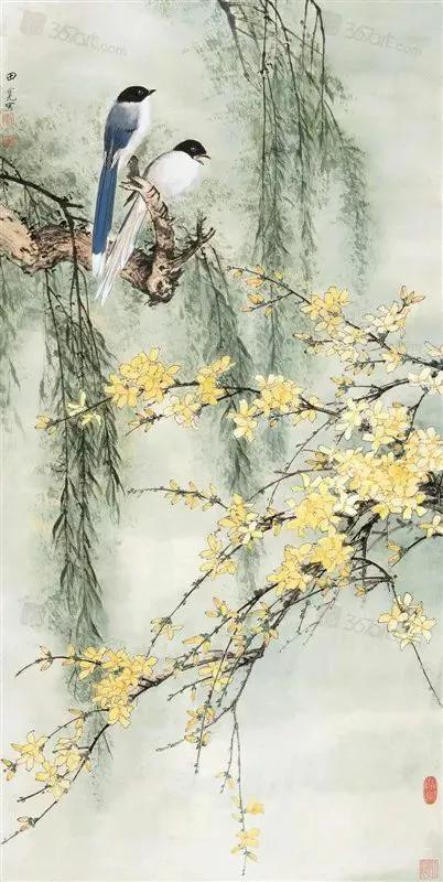 国画大师笔下的迎春花春意盎然,寒冷的冬季迎春花春意盎然