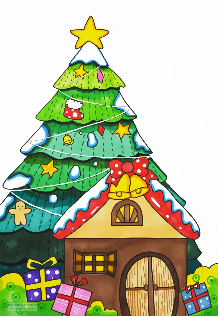 儿童画教程｜圣诞节主题美术课程《美丽的圣诞小屋》