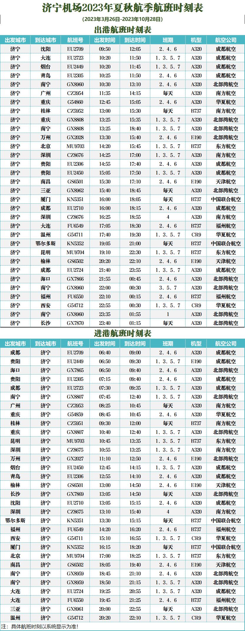 济宁机场2020冬春航班时刻表,济宁机场2023夏季航班时刻表