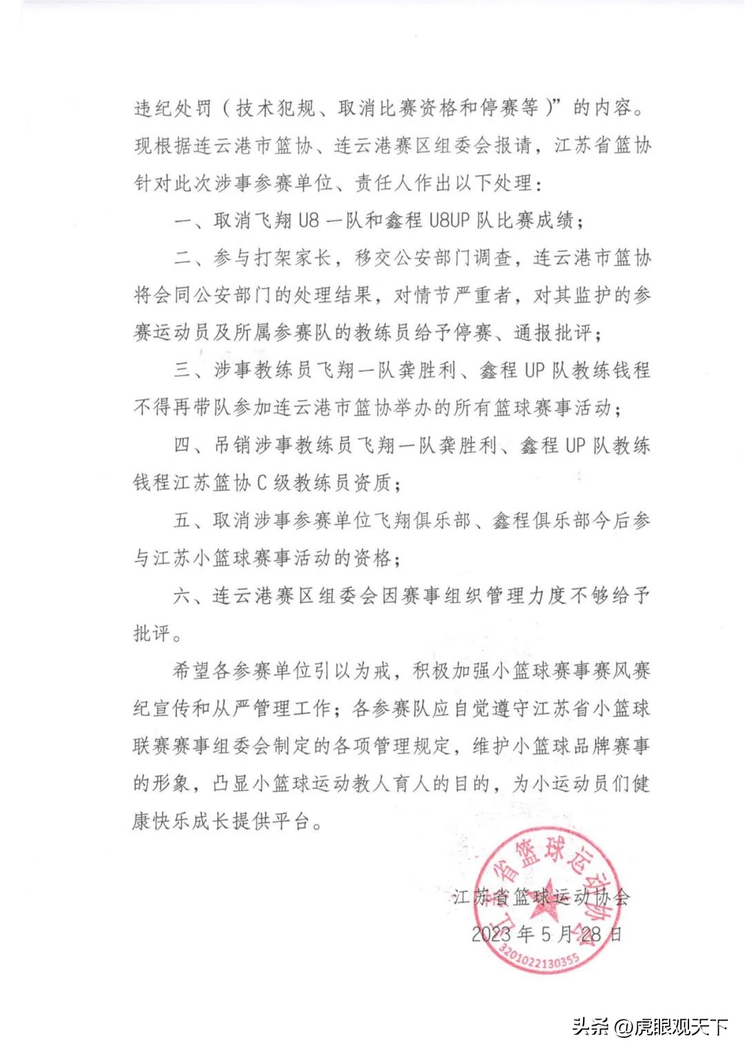 教练资质吊销打人者移交公安连云港小篮球联赛冲突事件有结果了