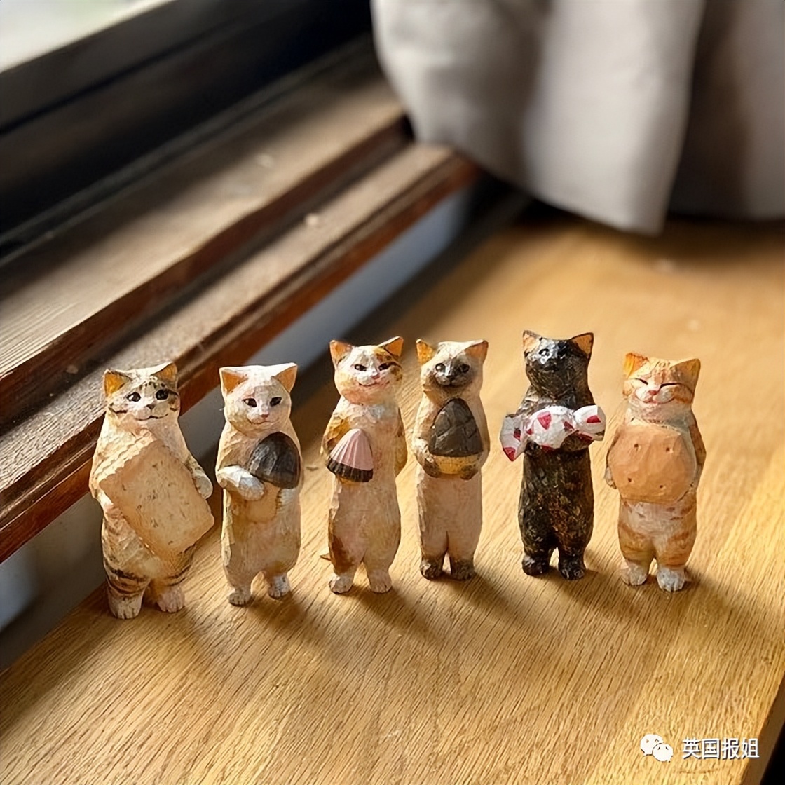 木头雕刻作品猫,手工雕刻木雕小猫