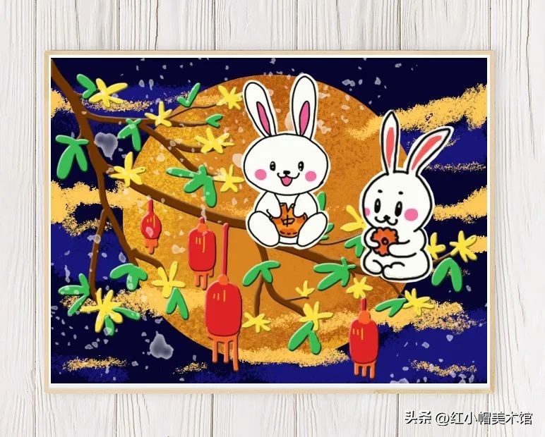 少儿创意美术中秋节萌萌的小白兔,大班中秋兔子画