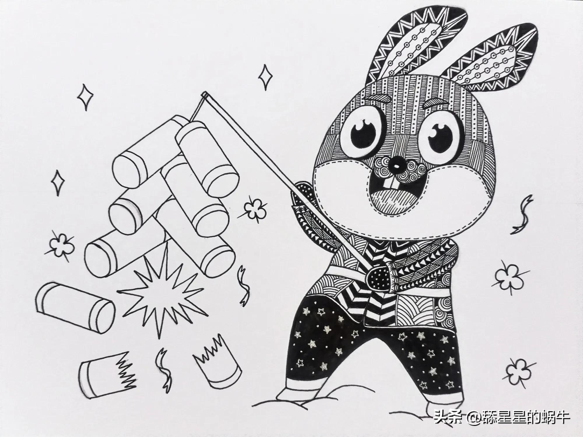 黑白线描画兔年大吉图文版,兔年主题画线稿怎么画